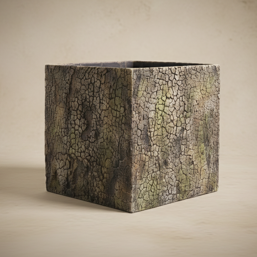 Matte Brown Cracked Stone Cube Planter