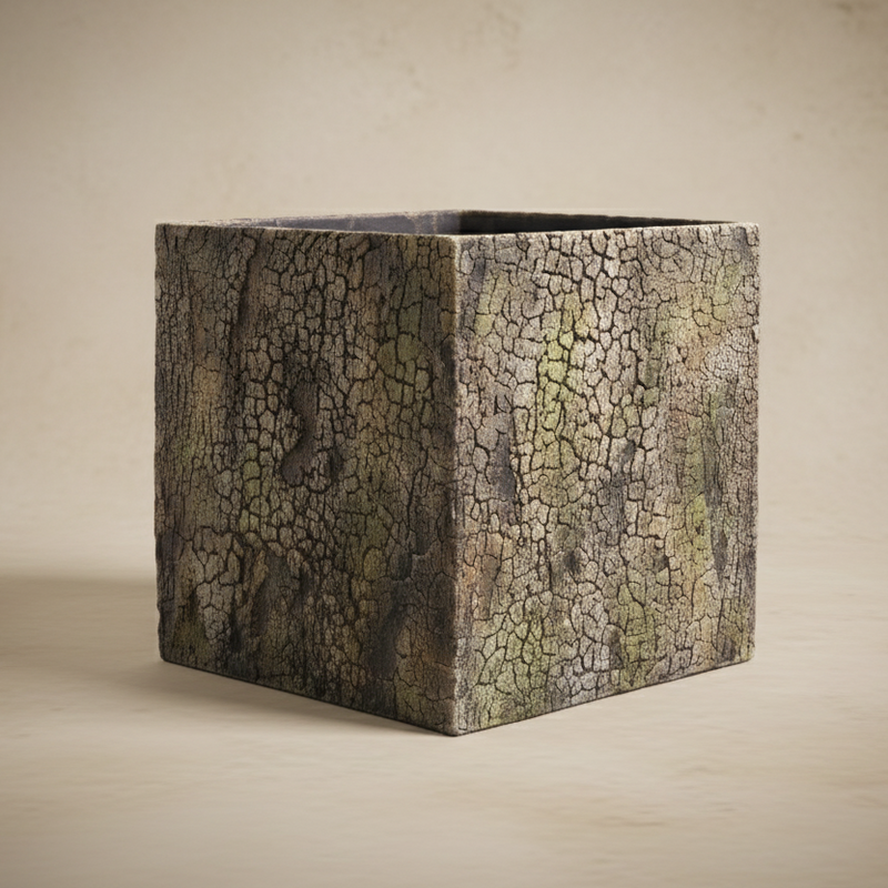 Matte Brown Cracked Stone Cube Planter