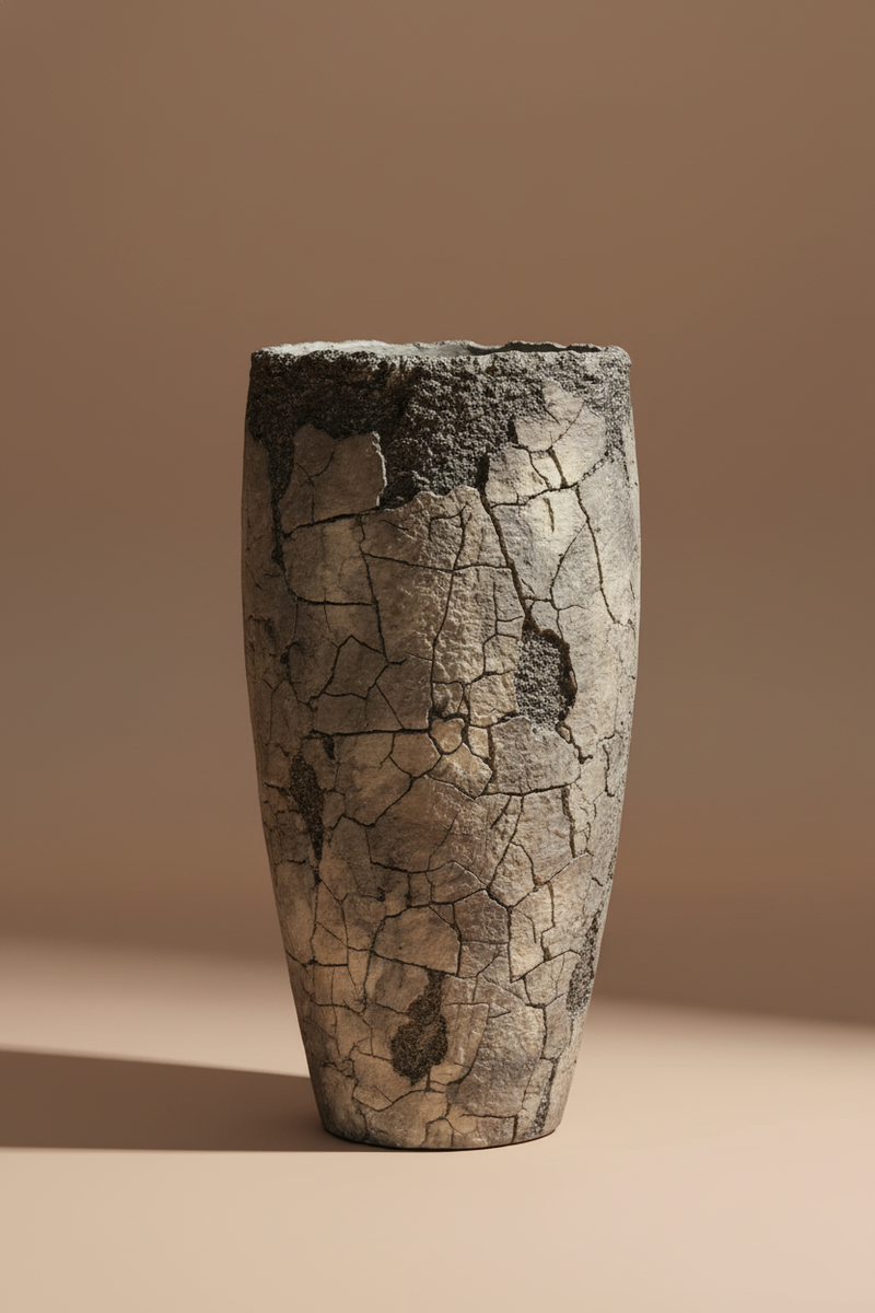 Cracked Stone Beige Tapered Ceramic Planter