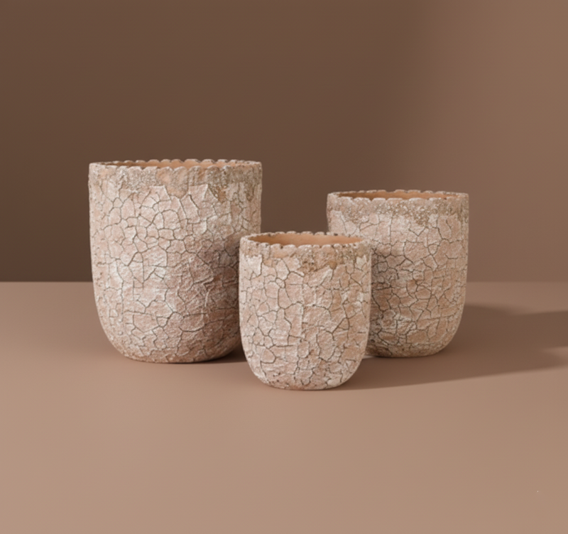 Ivory Cracked Stone Scallop Rim Planter Set