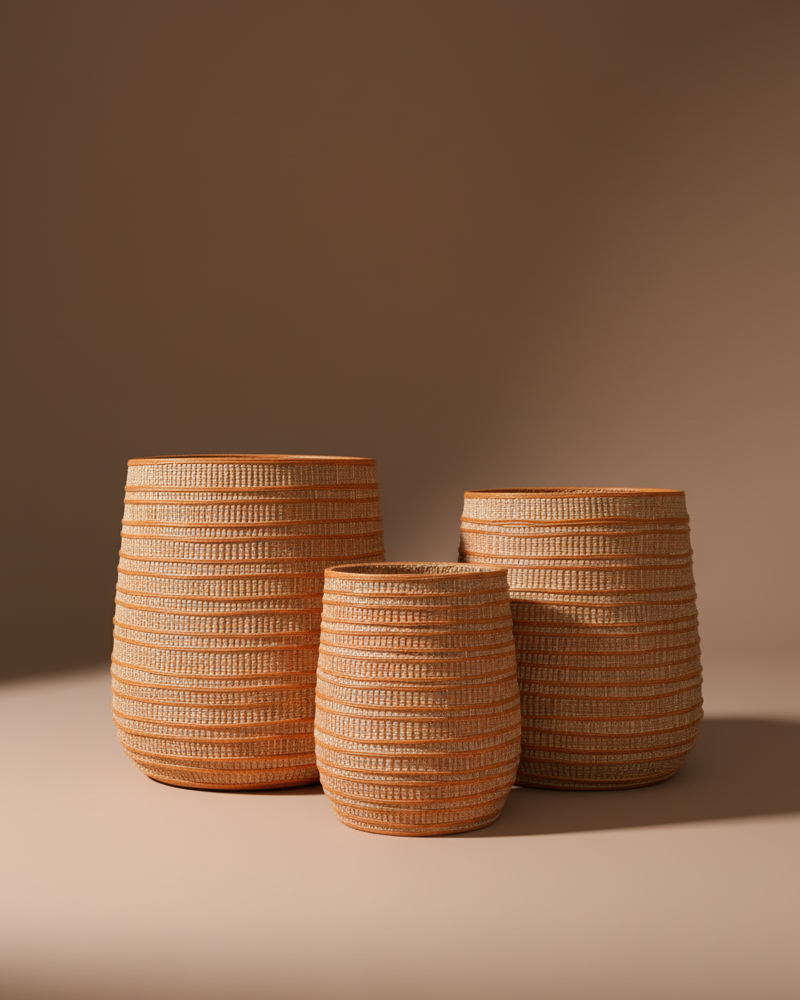 Terracotta Ribbed Woven-Finish Planter Set
