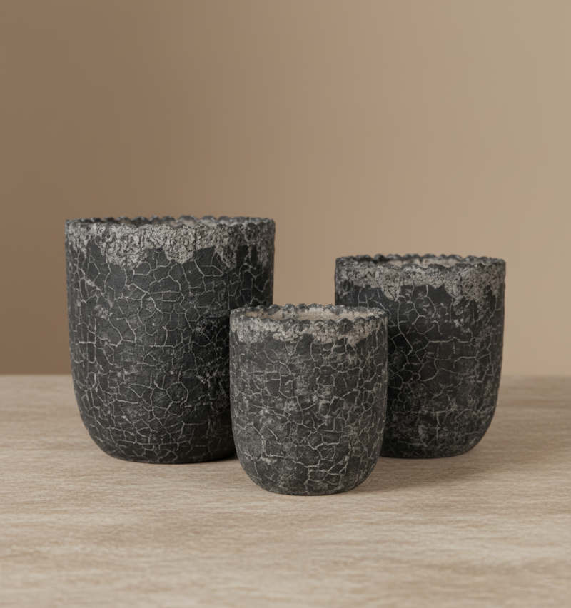 Charcoal Cracked Stone Scallop Rim Planter Set