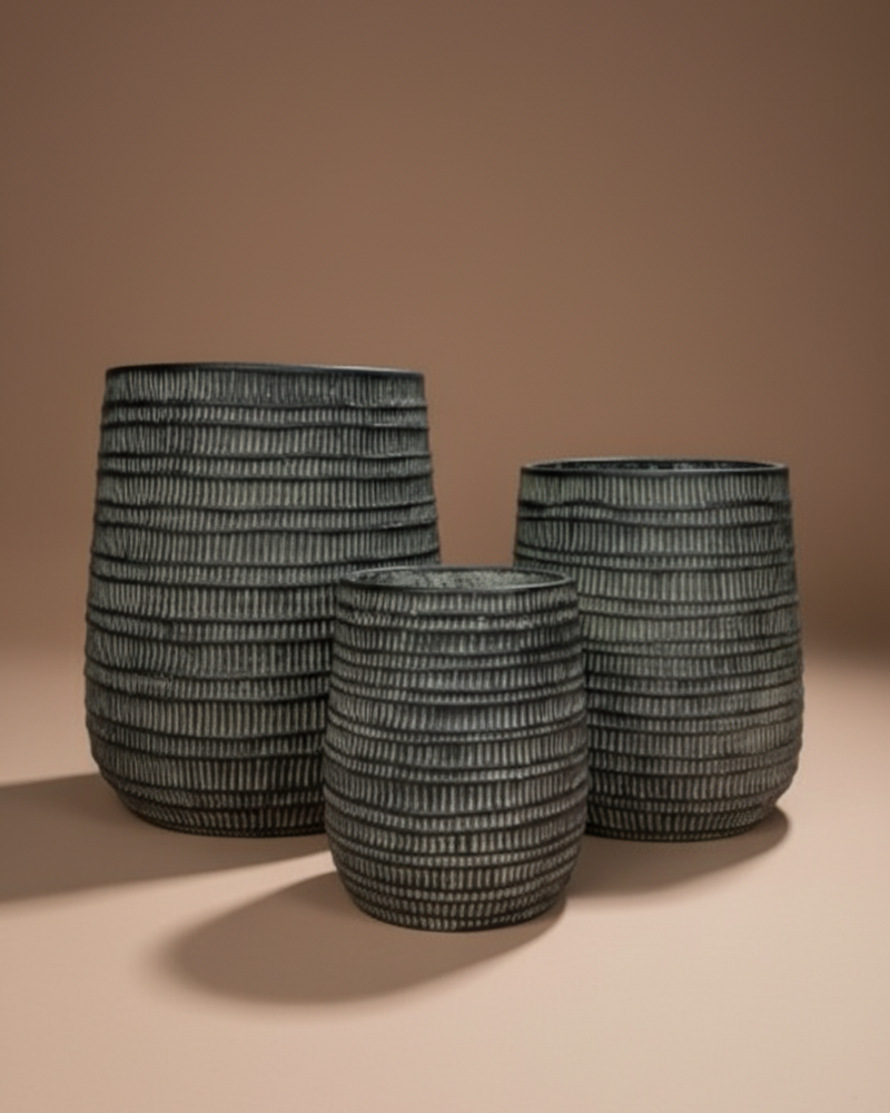 Charcoal Ribbed Cylindrical Ceramic Planter Set