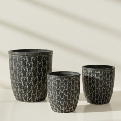Geometric Feather Carved Black Ceramic Planters