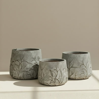 Botanical Engraved Stone-Beige Ceramic Planter