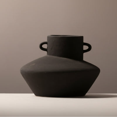 Matte Black Wide-Base Handled Ceramic Vessel