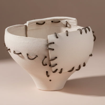 Ivory Stoneware Vessel with Leather Lacing