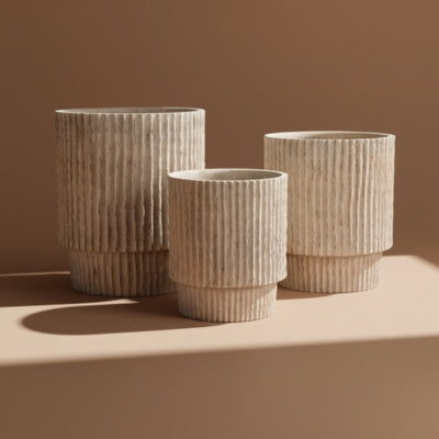 Ribbed Stone-Finish Cylindrical Planters