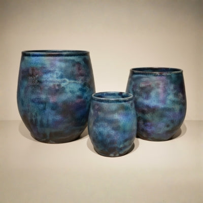 Iridescent Blue-Green Glazed Ceramic Planters