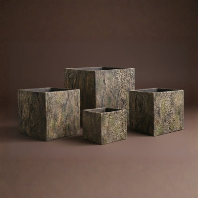 Matte Brown Cracked Stone Cube Planter