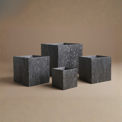 Matte Black Cracked Stone Cube Planter