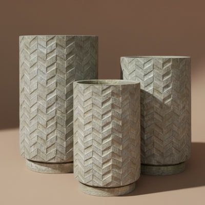 Stone-Finish Herringbone Cylindrical Planter Set