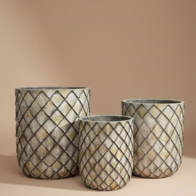 Grey-Beige Diamond Pattern Ceramic Planter Set