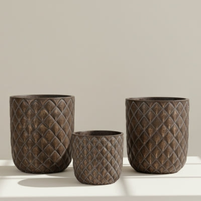 Bronze Diamond Relief Cylindrical Planter Set
