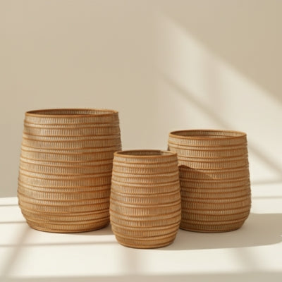 Terracotta Ribbed Woven-Finish Planter Set