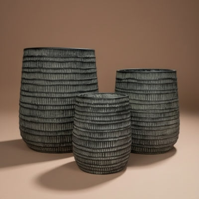 Charcoal Ribbed Cylindrical Ceramic Planter Set