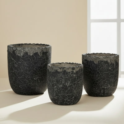 Charcoal Cracked Stone Scallop Rim Planter Set