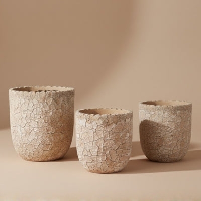 Ivory Cracked Stone Scallop Rim Planter Set