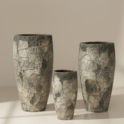 Cracked Stone Beige Tapered Ceramic Planter