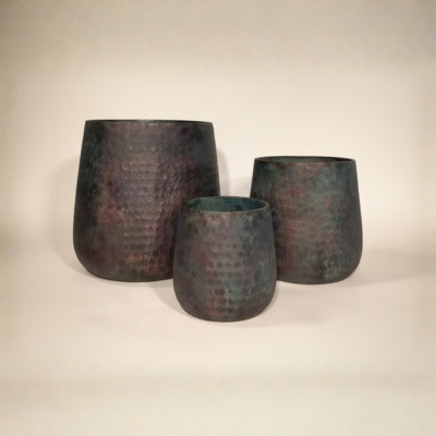 Hammered Bronze Patina Metal Planter Set