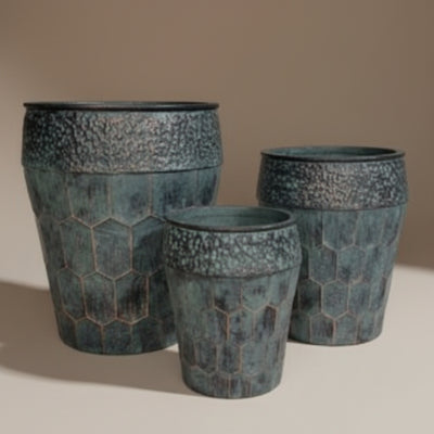 Blue-Green Honeycomb Patina Ceramic Planter Set
