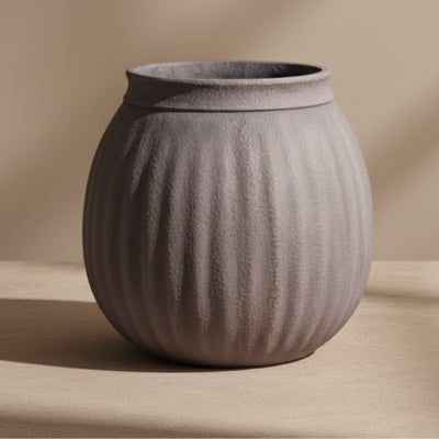 Ribbed Round Stone-Clay Outdoor Pot